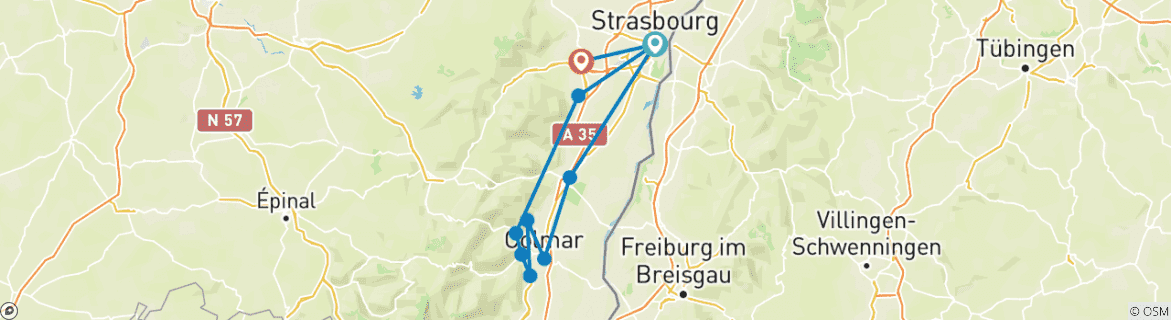 Image of a map showing the route of the tour