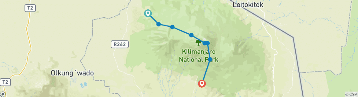 Mapa de Ascenso al monte Kilimanjaro 10 días ruta del cráter norte - alojamiento y transporte incluidos