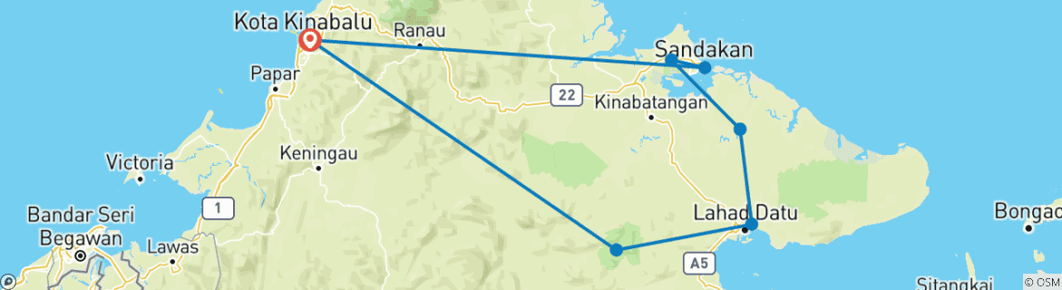 Kaart van 10 Dagen Maleisië Borneo Wildlife Avontuur op maat, dagelijkse start & privégids