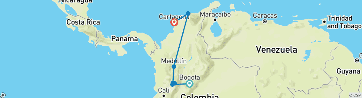 Mapa de Viaje personalizado a Colombia de 2 semanas con salida diaria