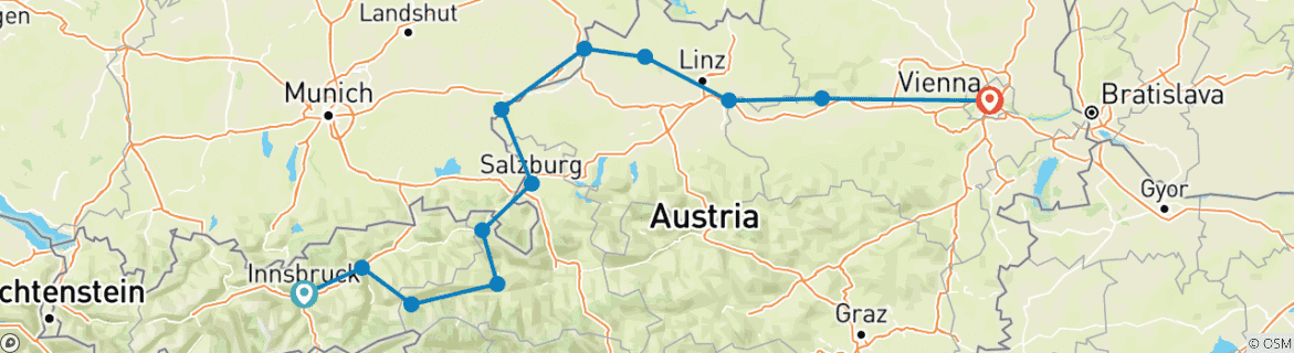 Map of Innsbruck - Salzburg - Vienna Austria's River Cycle Routes