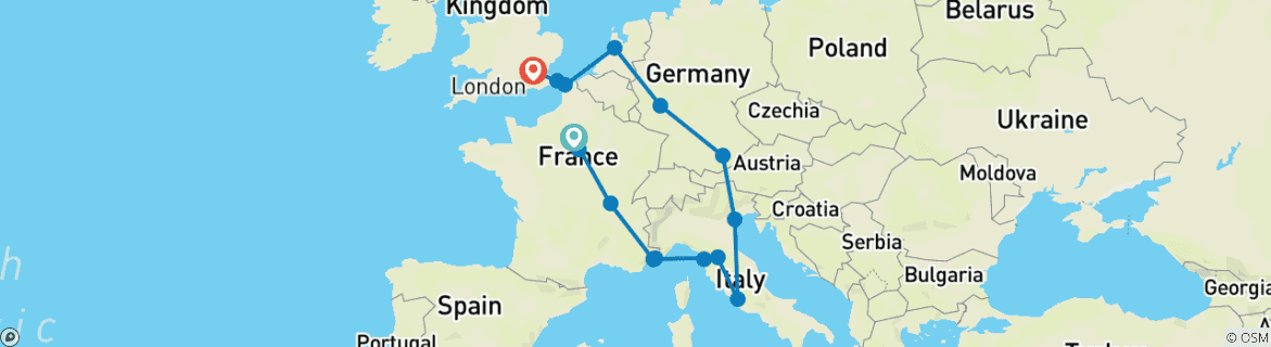 Carte du circuit Les hauts lieux de l'Europe (départ de Paris, classique, 14 jours)