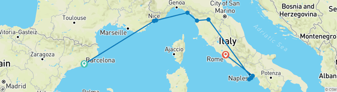 Map of Barcelona to Rome Quest (Summer, 9 Days)