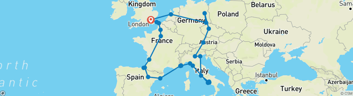 Image of a map showing the route of the tour