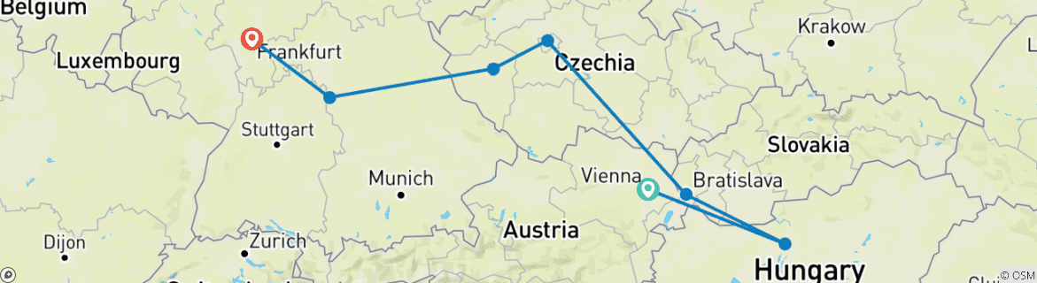 Map of Austria, Hungary, Slovakia, Czech Republic, Germany 7 Days