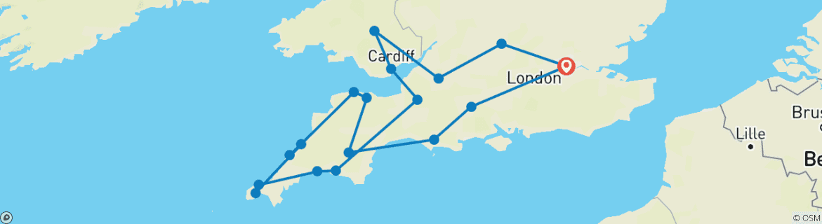 Karte von Landstraßen von Wales, Devon & Cornwall - Rundreise (13 Tage)