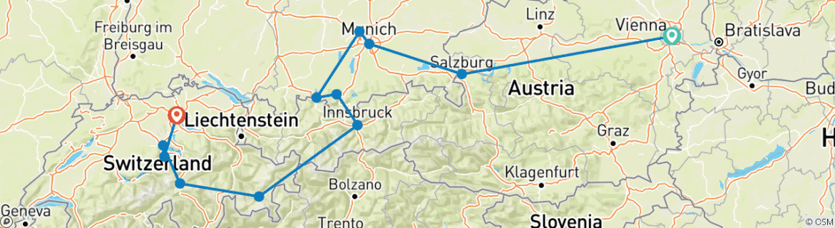 Map of Country Roads of Bavaria, Switzerland & Austria (Classic, 12 Days)