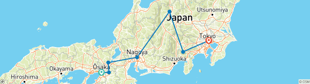 Carte du circuit Le splendide Japon en 9 jours avec Nagoya (hôtels 4 étoiles)