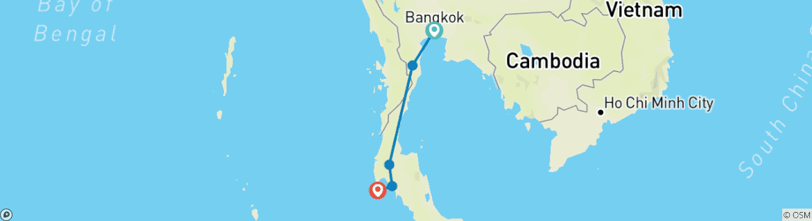 Mapa de Fuera de los caminos trillados del sur de Tailandia en 14 días - circuito privado