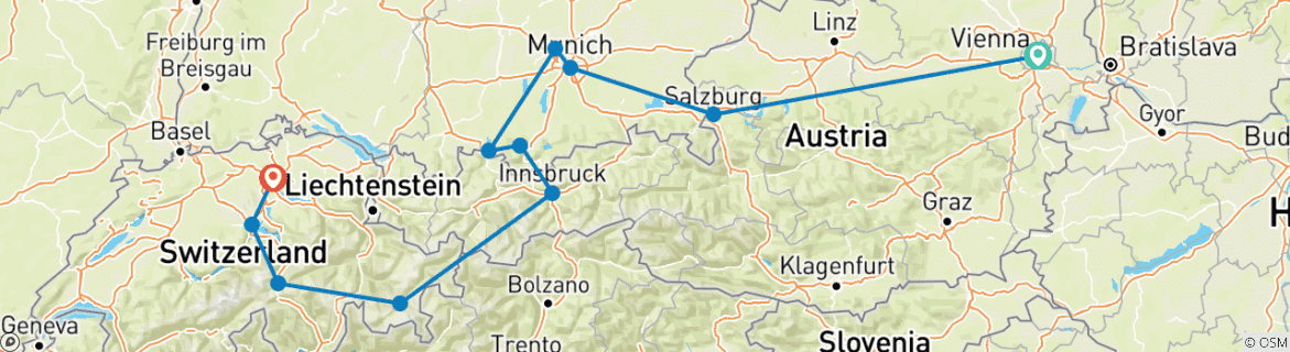 Map of Country Roads of Bavaria, Switzerland & Austria (Small Groups, 12 Days)