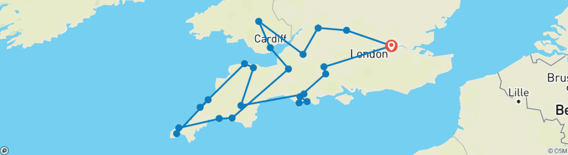 Karte von Rundreise auf den Landstraßen von Wales, Devon & Cornwall - kleine Gruppen (11 Tage) (23 Destinationen)