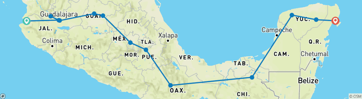 Map of Mexico Coast-to-Coast: Puerto Vallarta to the Mayan Riviera