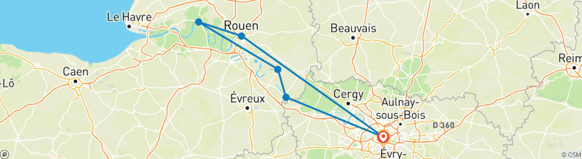 Carte du circuit France | Normandie, Paris & D-Day Experience | Excursion à vélo sur la Seine | Vélo et bateau