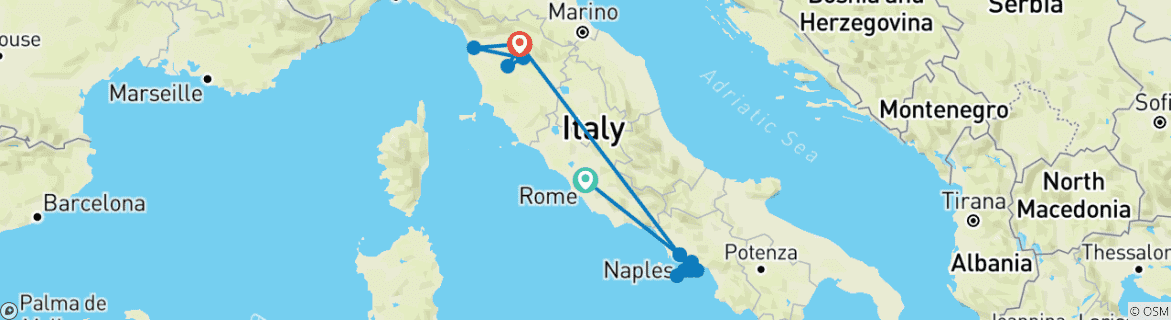 Carte du circuit Les incontournables de l'Italie : Côte amalfitaine, Toscane, Florence, Pise et plus encore !