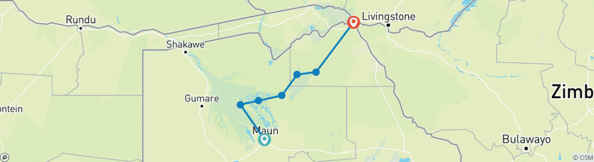 Mapa de Viaje a Botsuana personalizado con safari en campamento Móvil - salida diaria