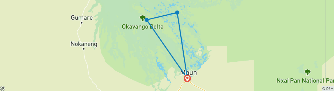 Kaart van Avonturenreis op maat door Botswana - naar de Okavango-delta - vertrekt dagelijks