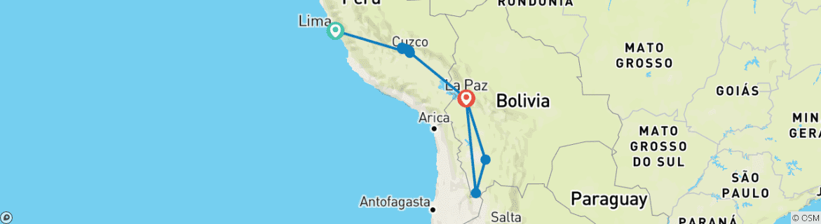 Carte du circuit Circuit sur mesure de 13 jours au Pérou et en Bolivie, départ quotidien et guide exclusif