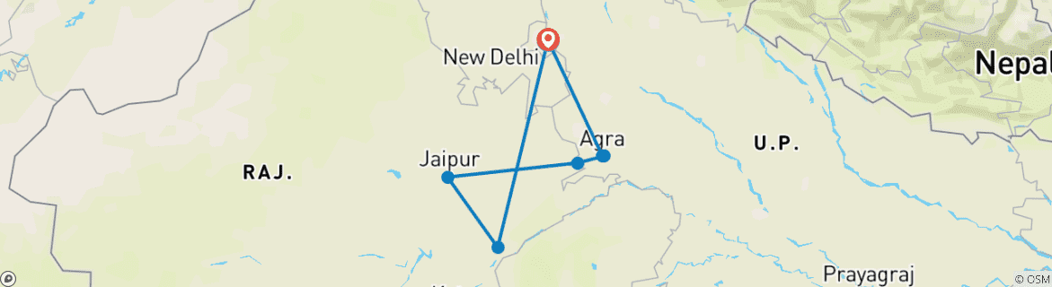 Map of Golden Triangle Tour with Ranthambore Tiger National Park