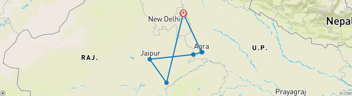 Carte du circuit Circuit du Triangle d'Or avec le parc national des tigres de Ranthambore