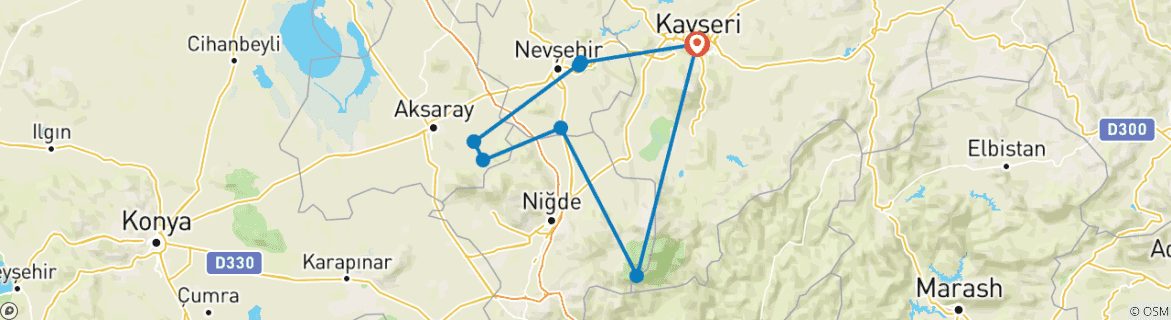 Carte du circuit Des monts Aladaglar au patrimoine mondial de la Cappadoce