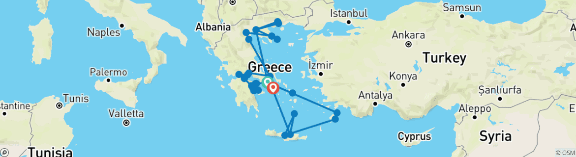 Kaart van Zendingsreizen in Griekenland - Op weg met de apostel Paulus + Een 4-daagse Iconische Egeïsche Cruise -16 Dagen