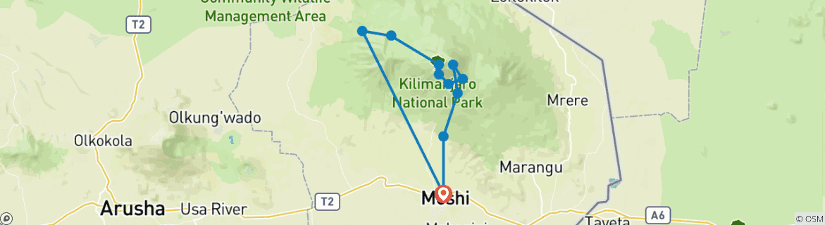 Image of a map showing the route of the tour