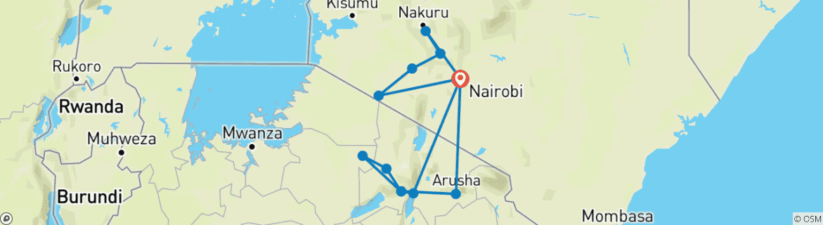 Image of a map showing the route of the tour