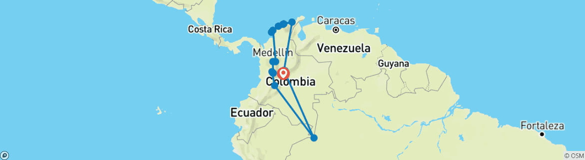 Kaart van Vlieg Colombia 20 Dagen Rondreis