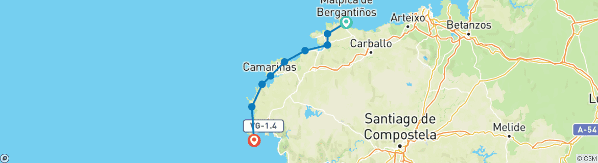 Karte von Der Leuchtturmweg - Malpica nach Fisterra (10 Tage)