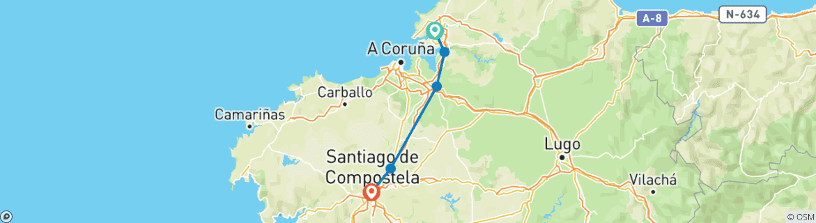 Image of a map showing the route of the tour