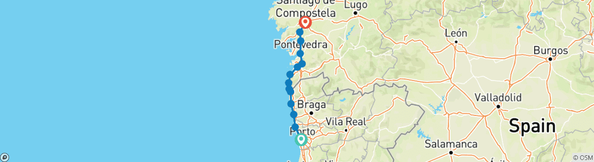 Karte von Portugiesischer Jakobsweg entlang der Küste von Porto nach Santiago