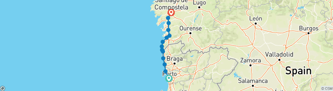 Kaart van Wandelen op de Camino de Santiago langs de Portugese kust