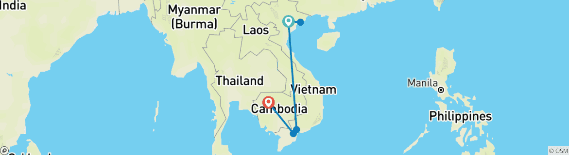 Kaart van Vietnam en Cambodja in 9 dagen