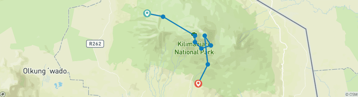 Mapa de Escalada al Kilimanjaro por la ruta Lemosho 10 días - todo el alojamiento y transporte incluidos