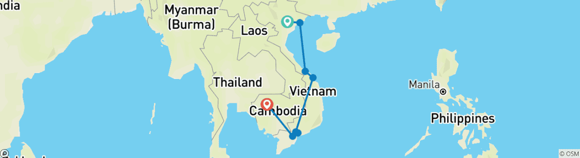 Map of Vietnam and Cambodia Cultural Exploration In 14 Days