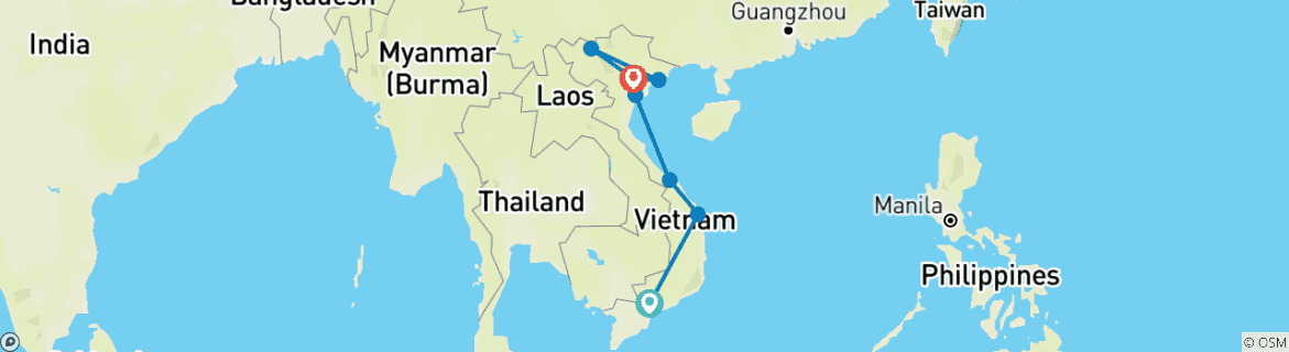 Image of a map showing the route of the tour