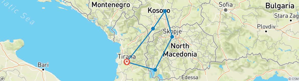 Map of Tour of North Macedonia and Kosovo in two days from Tirana