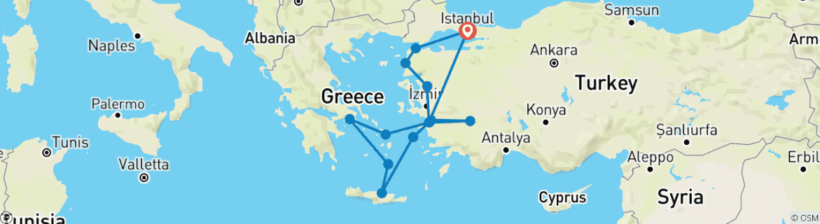 Carte du circuit 10 jours - Exploration de la Turquie occidentale et 3 nuits dans les îles égéennes emblématiques