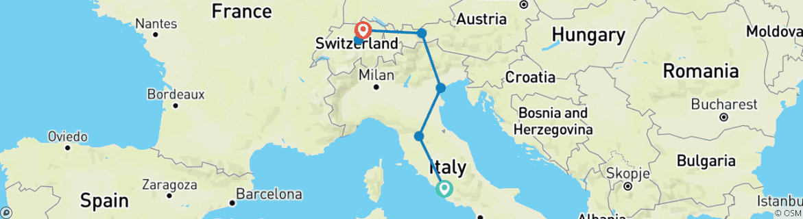 Carte du circuit Italie classique et Suisse - 7 jours