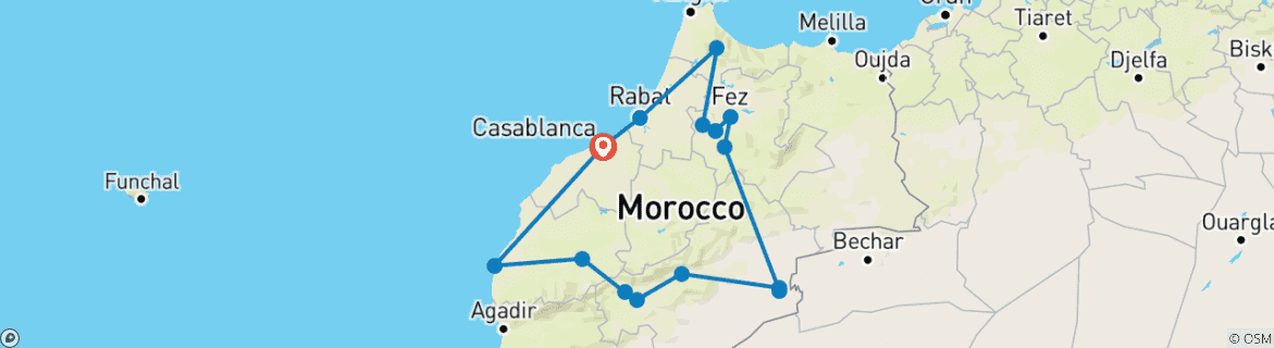 Map of 10 Days Morocco Tour Itinerary from Casablanca