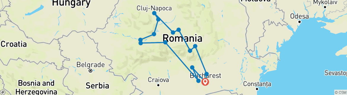 Map of The Legend of Dracula - 8 day Private Tour in Transylvania with Airport Pickup and Drop Off