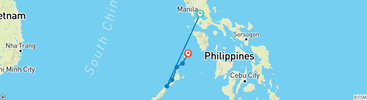 Kaart van 10 Dagen Filippijnen Avontuur - Palawan Eilanden (Onafhankelijke Rondreis)