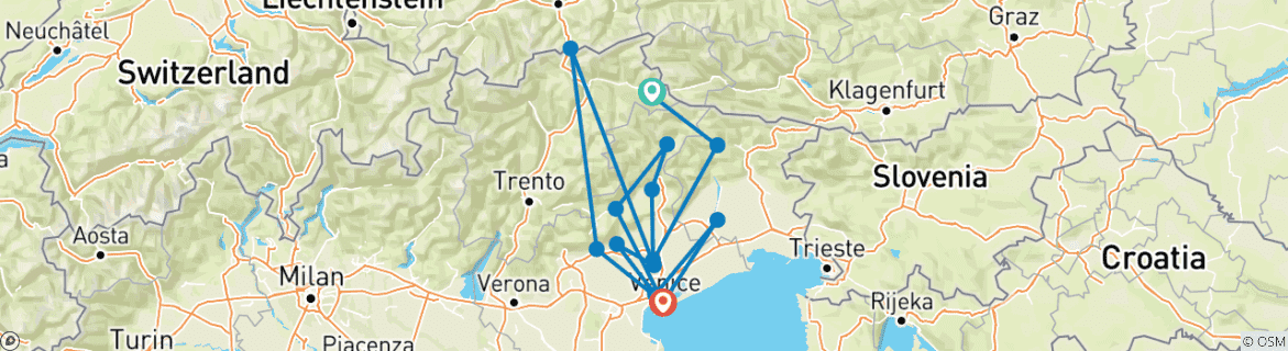 Karte von Mit dem Fahrrad von den Dolomiten nach Venedig