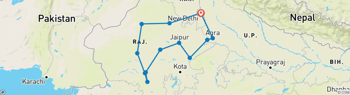 Image of a map showing the route of the tour
