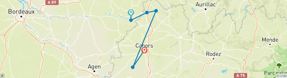 Image of a map showing the route of the tour