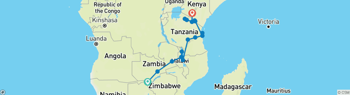 Map of Zambia to Nairobi - 21 days