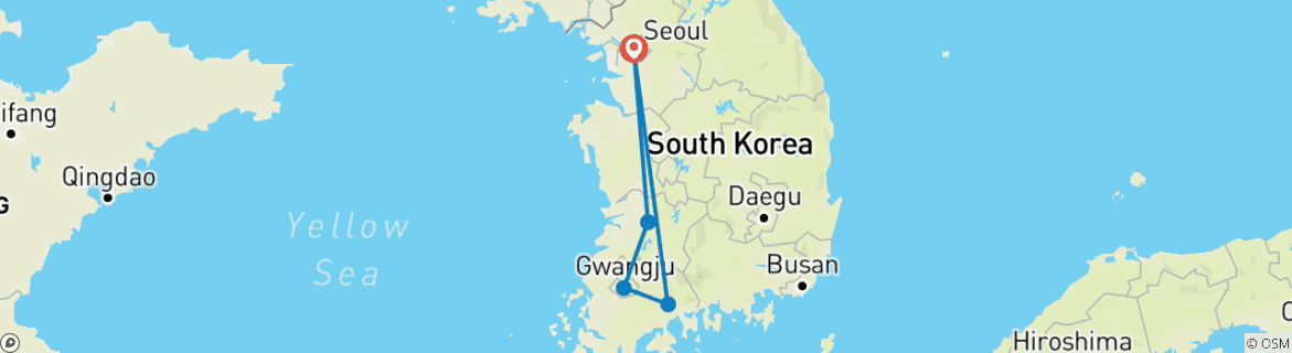 Carte du circuit 6 jours de culture culinaire et de patrimoine coréen - Circuit privé (Séoul/Jeonju/Gwangju/Suncheon)