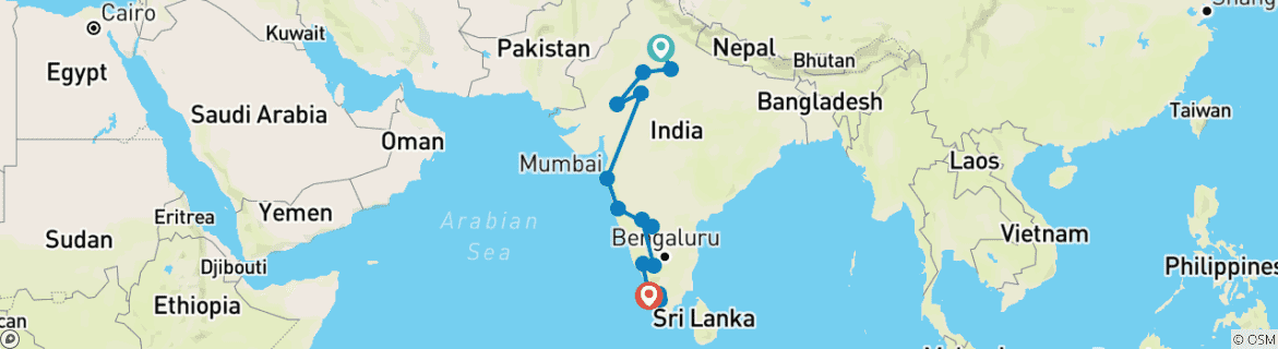 Mapa de Nueva Delhi Agra Rajastán Goa Karnataka Kerala Viaje en tren [ 26 Días ]