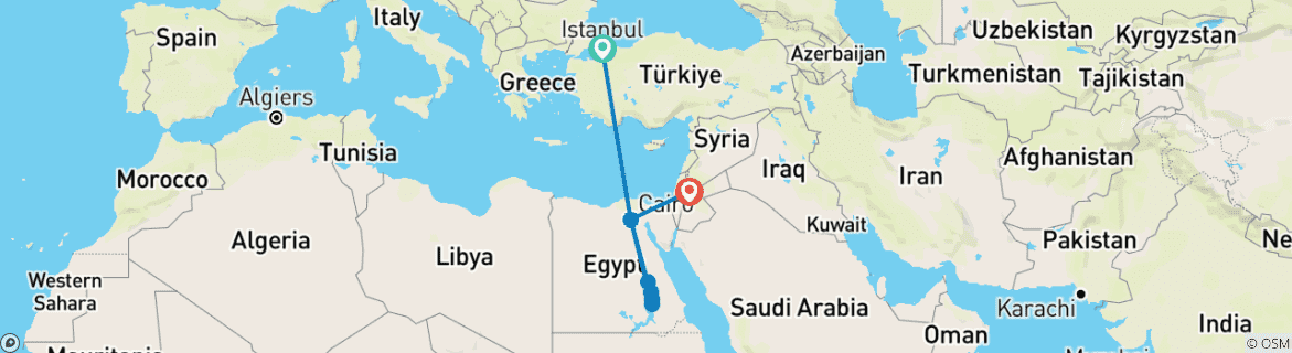 Carte du circuit Trois pays, un seul voyage : Türkiye & Égypte & Jordanie Vols internationaux et domestiques inclus (14 jours)