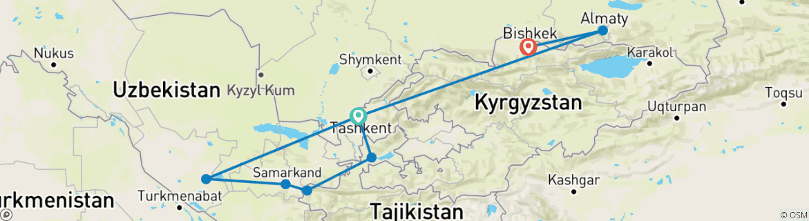 Mapa de Circuito por los 4 valles de Asia central 14 días